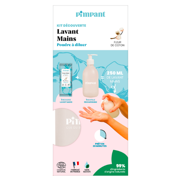 Pimpant -- Kit découverte Lavant mains fleur de coton poudre à diluer - 1 bouteille + 1 recharge