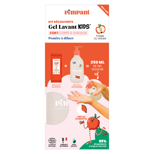 Pimpant -- Kit découverte Gel lavant Kids 2 en 1 pomme du verger poudre à diluer - 1 bouteille + 1 recharge